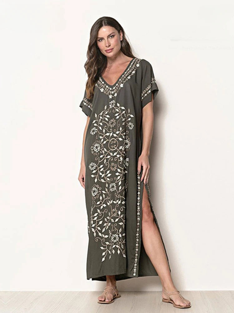 Embroidery Robe V-neck Batwing Sleeve Beach Maxi Dress Plus Size Loose Side Slit Summer Women Kaftans Dress Beachwear Q790