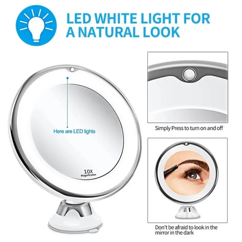 10x Magnifying Touch Screen Vanity Mirror LED Light Portable Makeup Dressing Lamp Flexible Bottom Sucker for Easy Placement