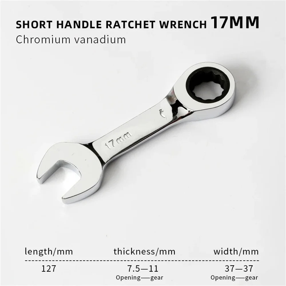 Short Handle Adjustable Head Ratchet Wrench Labor-Saving Dual-Purpose Auto Repair Hardware Tool For Nuts Bolts Fastening Work