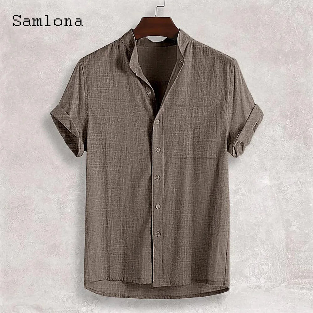Men Short Sleeve Board Shirt Clothing 2025 New Summer Collarless Top Solid Green Linen Blouse Plus Size Mens Casual Beach Shirts