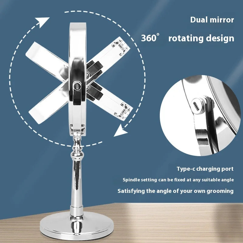 Round Double-sided Makeup Mirrors with Amplification Function 9-inch Desktop Mirror with LED Lamp Type-c Charging Mirror