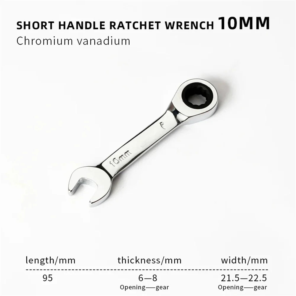 Short Handle Adjustable Head Ratchet Wrench Labor-Saving Dual-Purpose Auto Repair Hardware Tool For Nuts Bolts Fastening Work