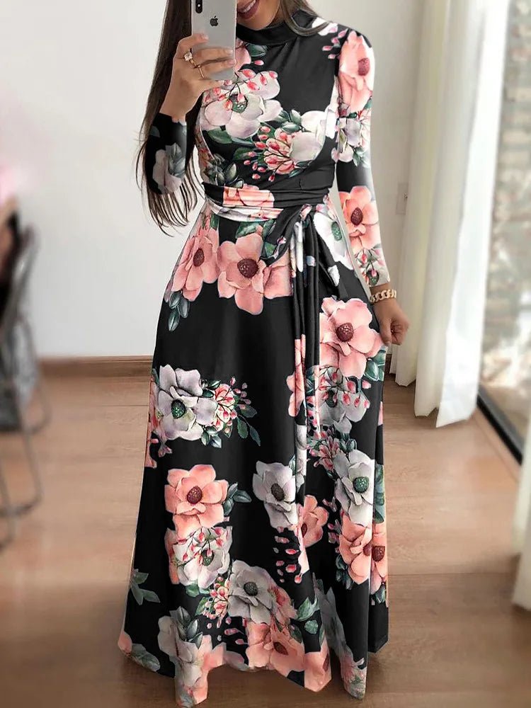 Womens Slim Casual Long Sleeve Round Neck Flower Print Strap Maxi Dress