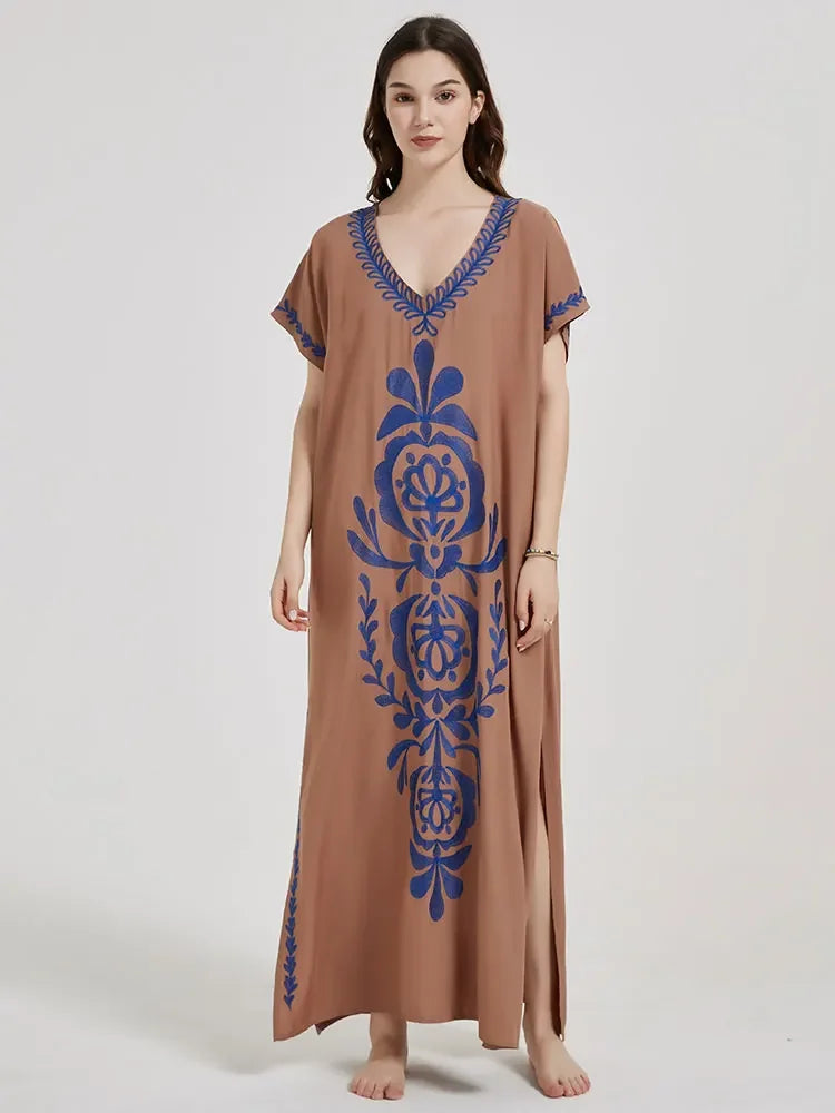 Embroidery Robe V-neck Batwing Sleeve Beach Maxi Dress Plus Size Loose Side Slit Summer Women Kaftans Dress Beachwear Q790