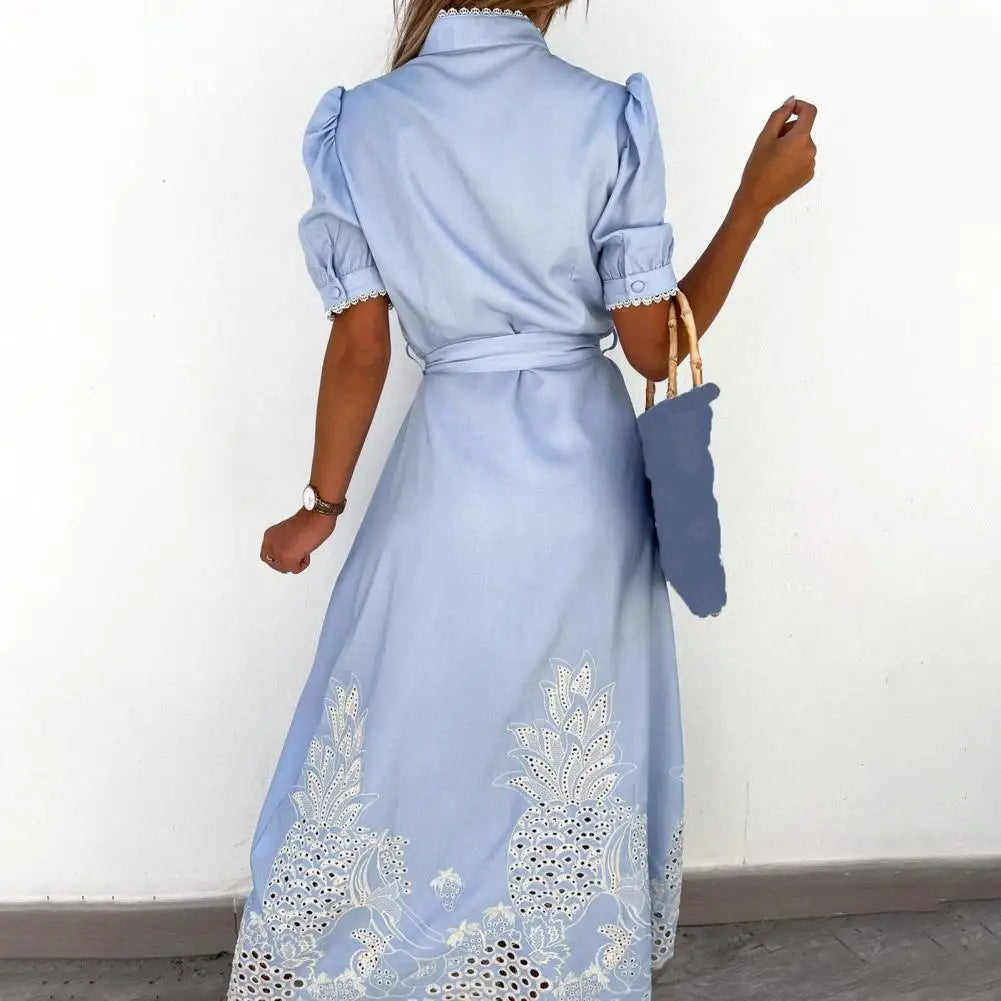 Lace-up Women Shirt Dress 2024 Summer Elegant Single Breasted Puff Sleeve Maxi Dress Vestidos Bohemian Sundress Party Robe