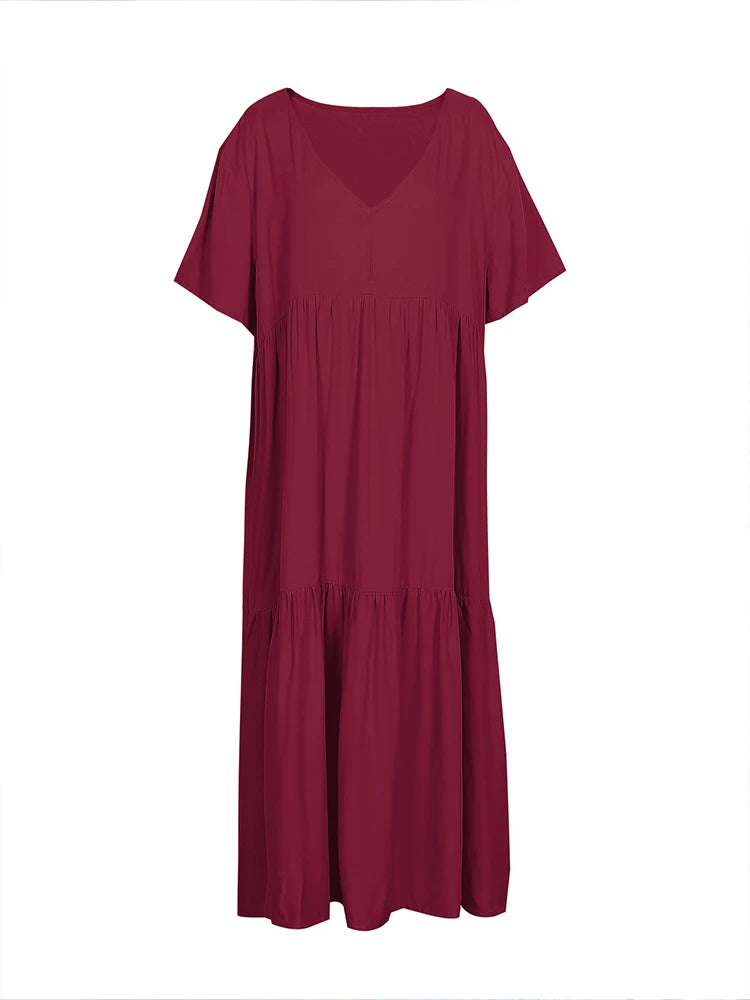 Plus Size Women's V Neck Pleated Solid Ankle Length Dress For Spring Summer