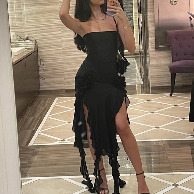 Women Strapless Floral Mini Dress With High Slit Backless Sleeveless Black Pink