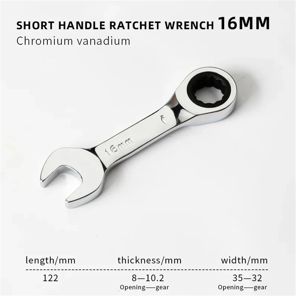 Short Handle Adjustable Head Ratchet Wrench Labor-Saving Dual-Purpose Auto Repair Hardware Tool For Nuts Bolts Fastening Work