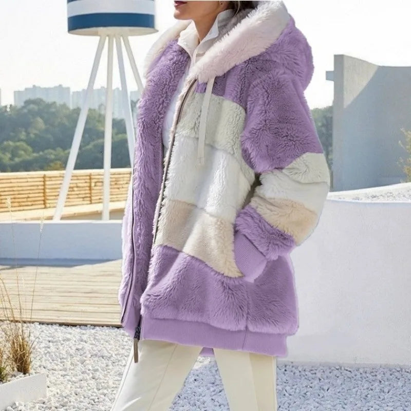Women Oversized Plush Hoodie Coat Winter Outerwear Jacket With Pockets