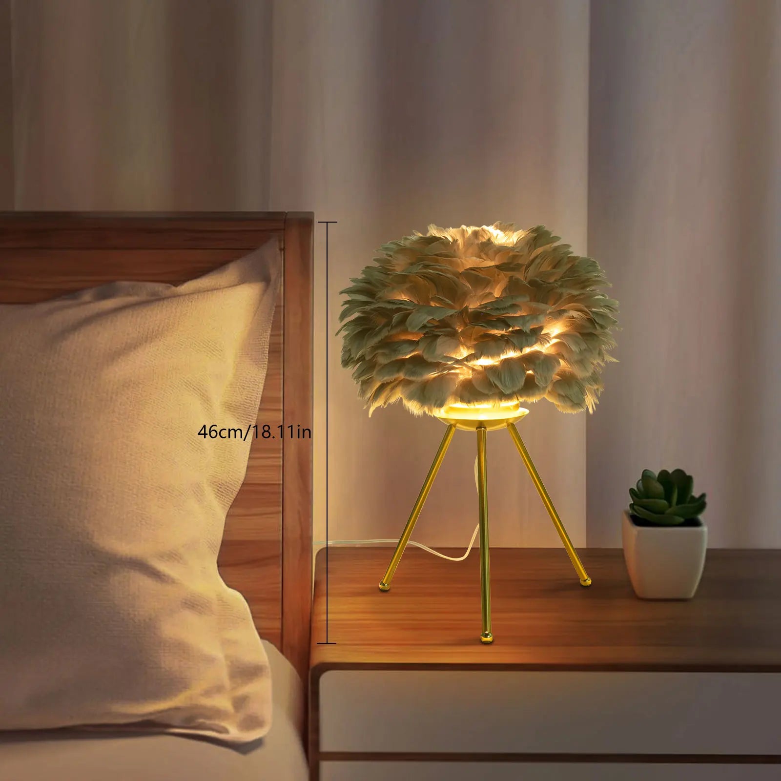Grey Feather Table Lamp with Gold Finish, 46cm E26 Socket Night Light for Bedroom Living Room, Indoor Corded Electric Home Decor
