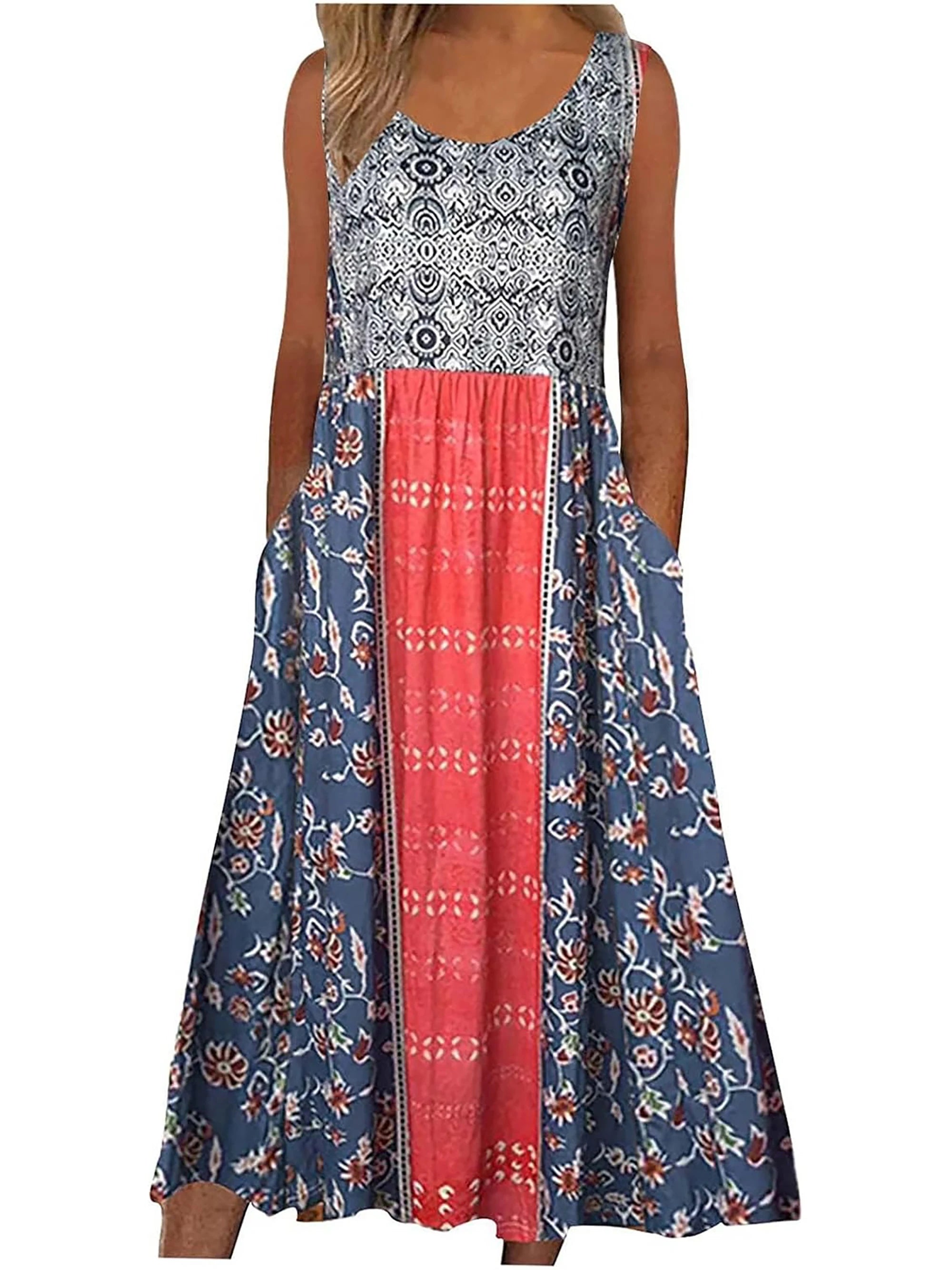 Women's Bohemian Floral Sleeveless Midi Sundress With Pockets Summer Beach