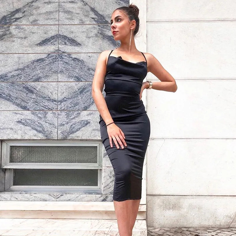 Neon Satin Lace Up Womens Light Pink Midi Dress Backless Bodycon Party Clubwear