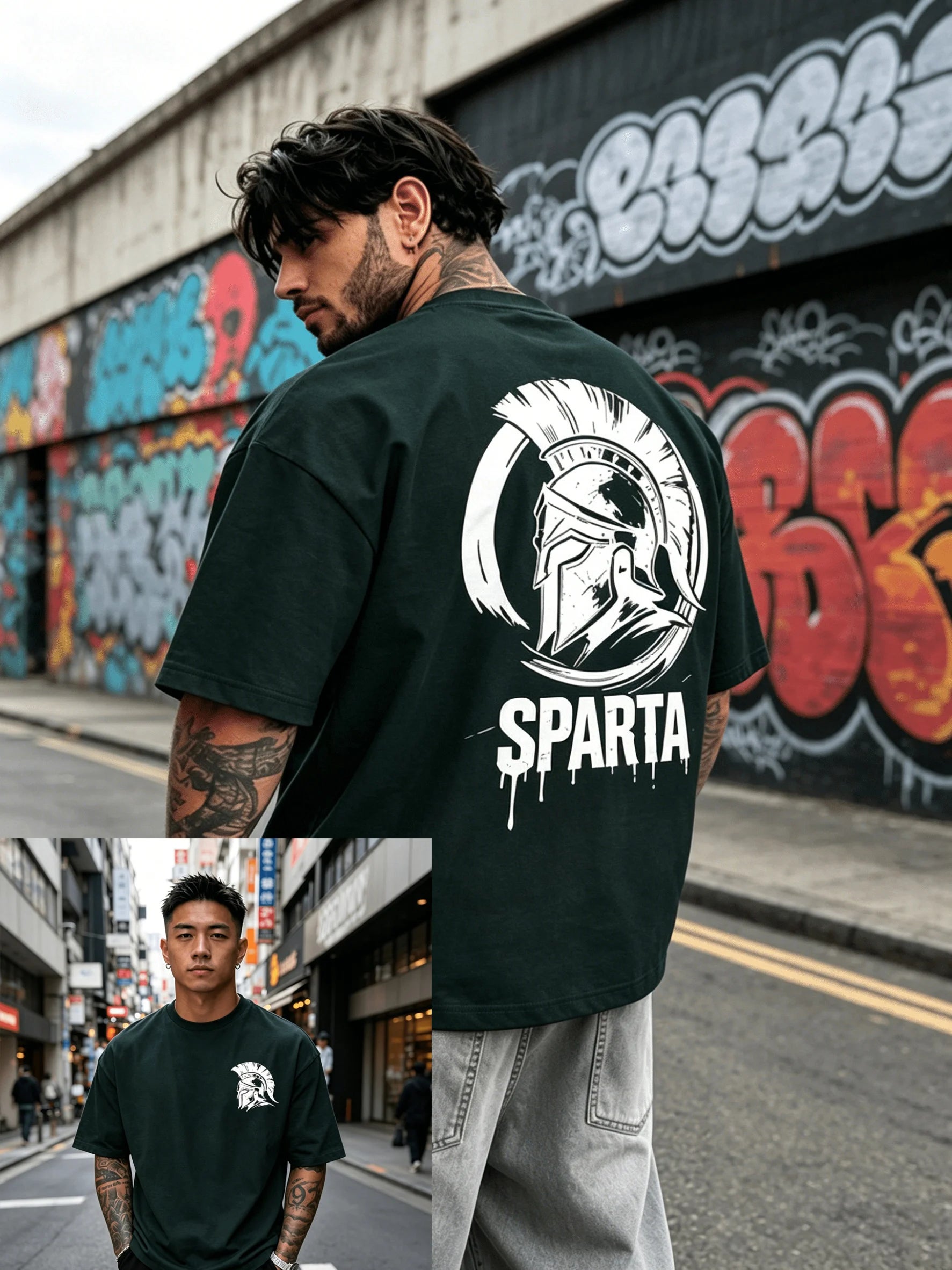 Men's Summer 100% Cotton Fashion Casual Street Spartan Knight Helmet Pattern Printed Loose Round Neck Short Sleeve T-shirt Top