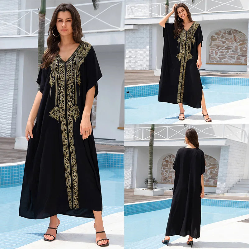 New Fashion European And American Cotton Embroidery Plus Size Long Dress Women's Beach Sun Protection Clothing Bikini Outerwear