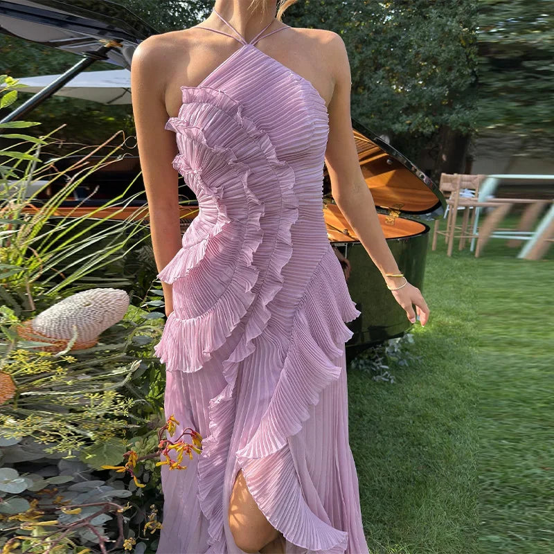 Gown Neck Strap Irregular Long Dress For Women Ruffle High Waist Backless Dress