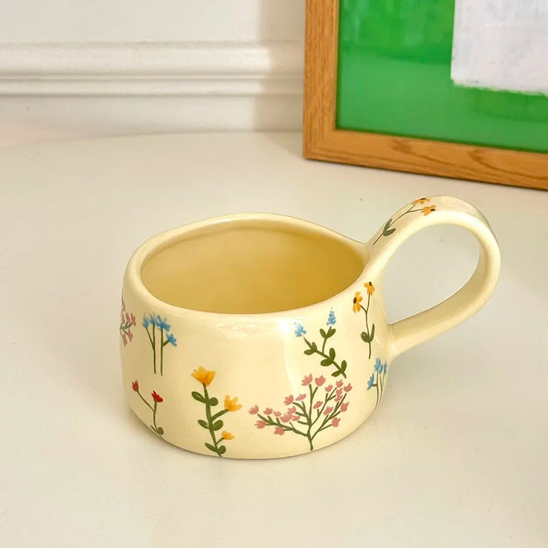 Cream yellow Ceramic Mug Korean Style Cute Flower Pattern Coffee Cup Hand Pinched Irregular Mug Breakfast Milk Tea Cups Watercup