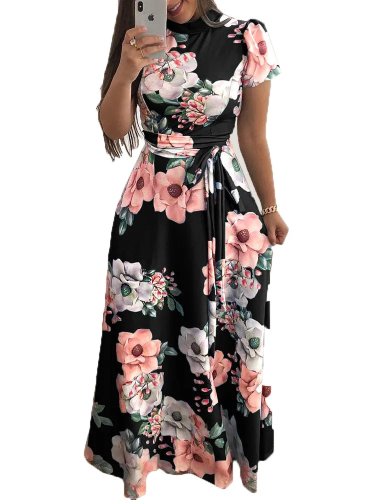 Womens Slim Casual Long Sleeve Round Neck Flower Print Strap Maxi Dress