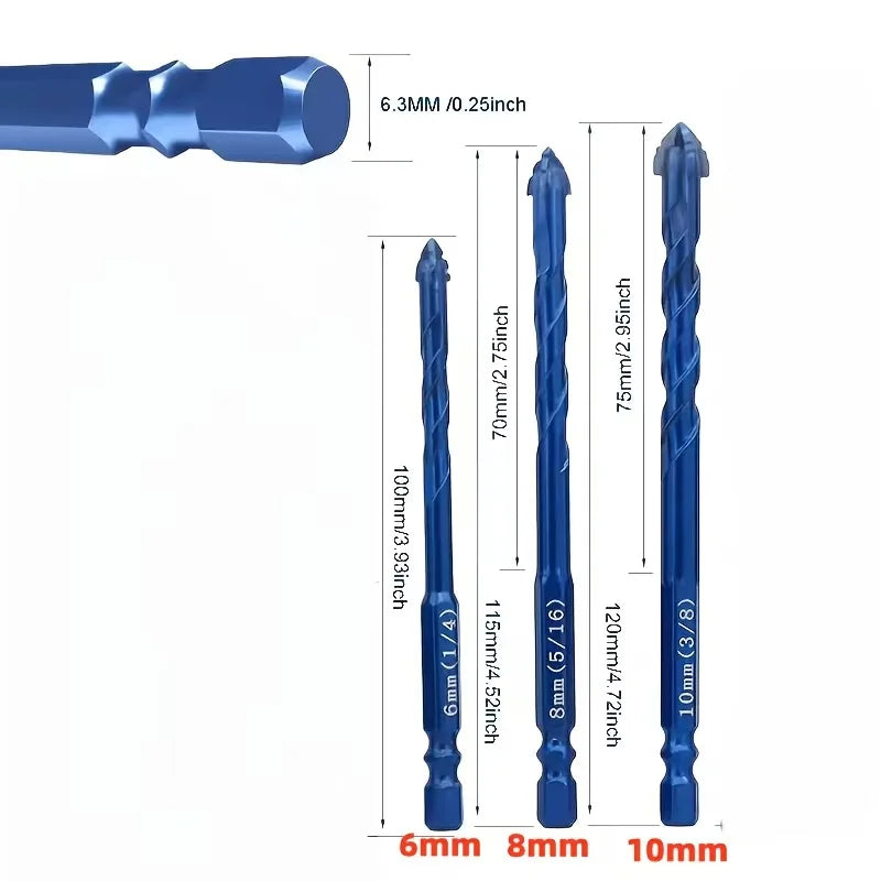6/8/10mm 3PCS Four-Cutter Cross Tile Drill Bits Multipurpose Masonry Drill for Ceramic Tile Brick Glass Drilling Work