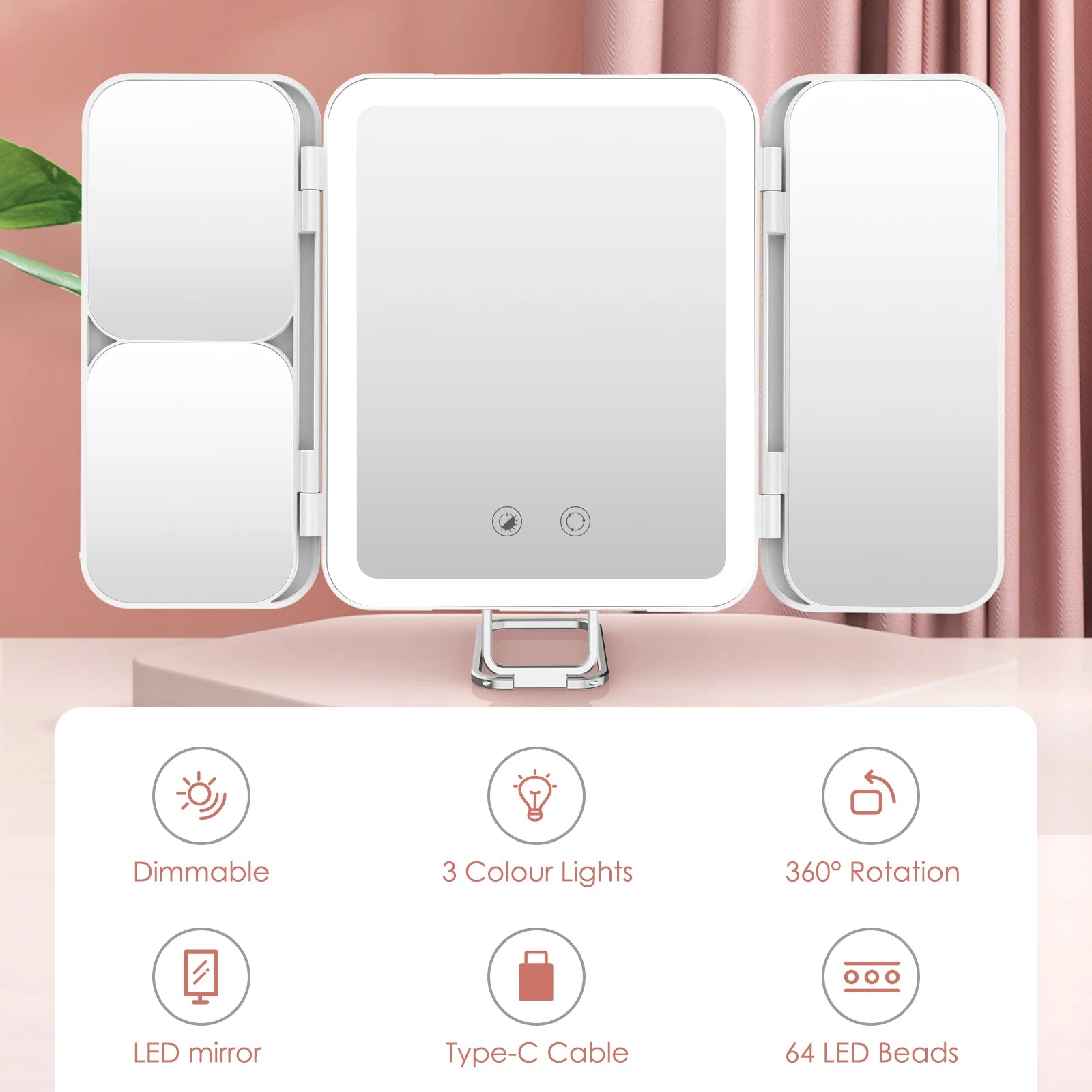 SEJOY Mini Makeup Mirror with Lights, 1X 3X 7X Magnifying Mirror, Touch Control,Trifold Makeup Mirror,Portable LED Makeup Mirror