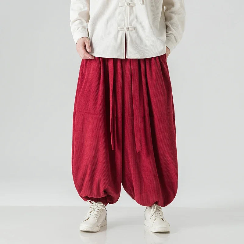Men Corduroy Pants Oversized Casual Autumn Wide Leg Trousers Streetwear Harem Pants Men Woman Elastic Waist Loose Pants