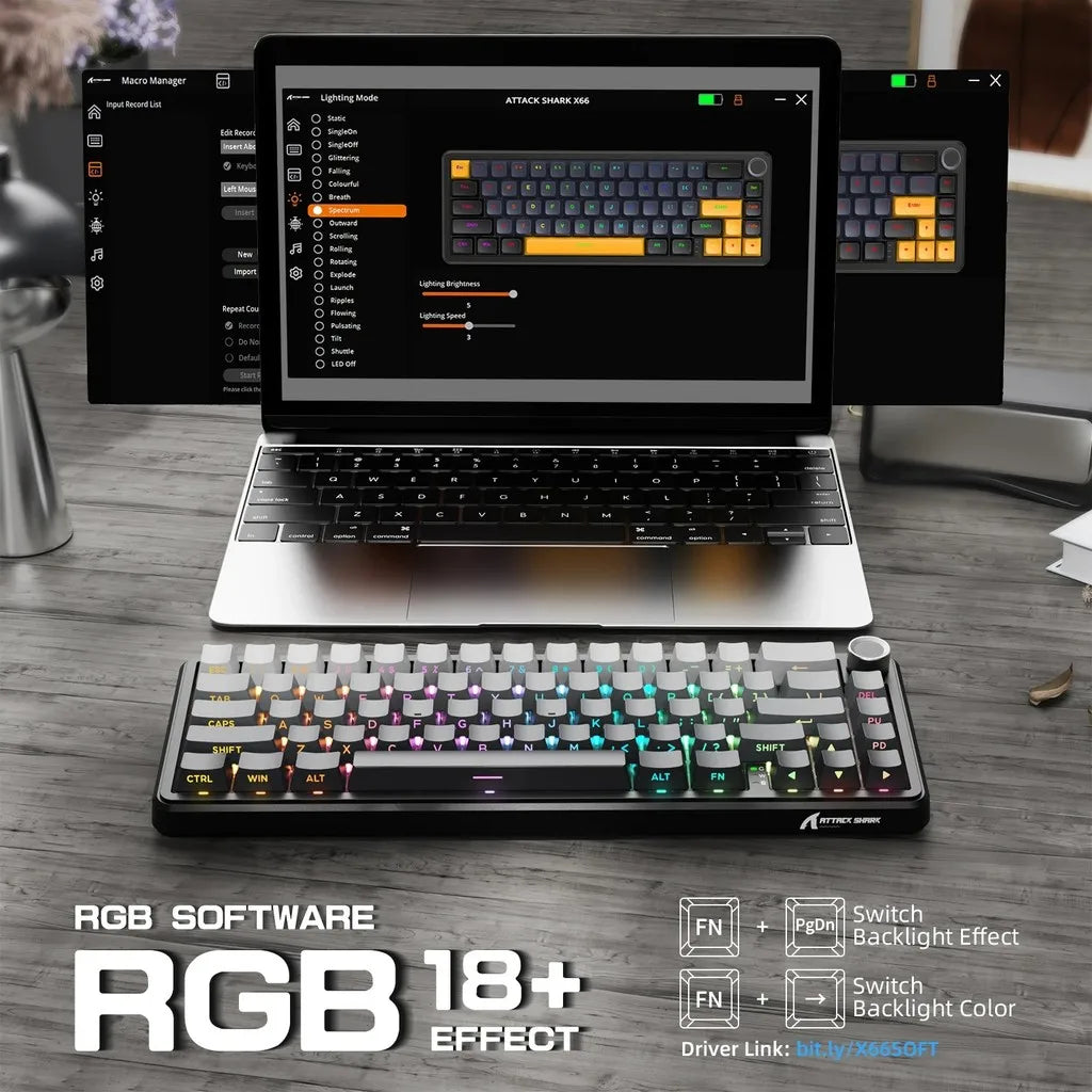 Attack Shark X66 Gasket Wireless Mechanical Gaming Keyboard with Volume Knob RGB Backlit Side Printed PBT Keycaps