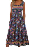 Women's Bohemian Floral Sleeveless Midi Sundress With Pockets Summer Beach