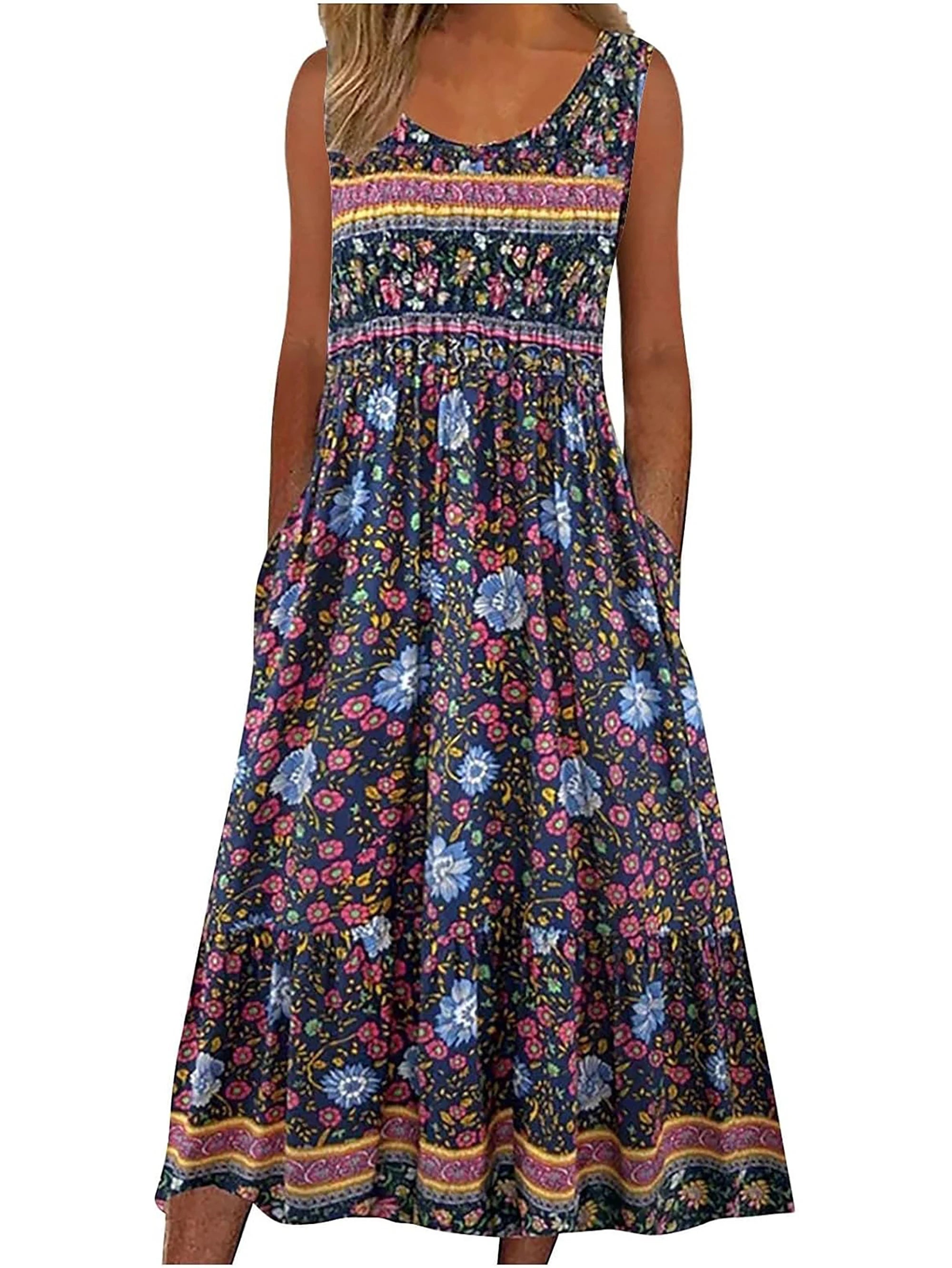 Women's Bohemian Floral Sleeveless Midi Sundress With Pockets Summer Beach