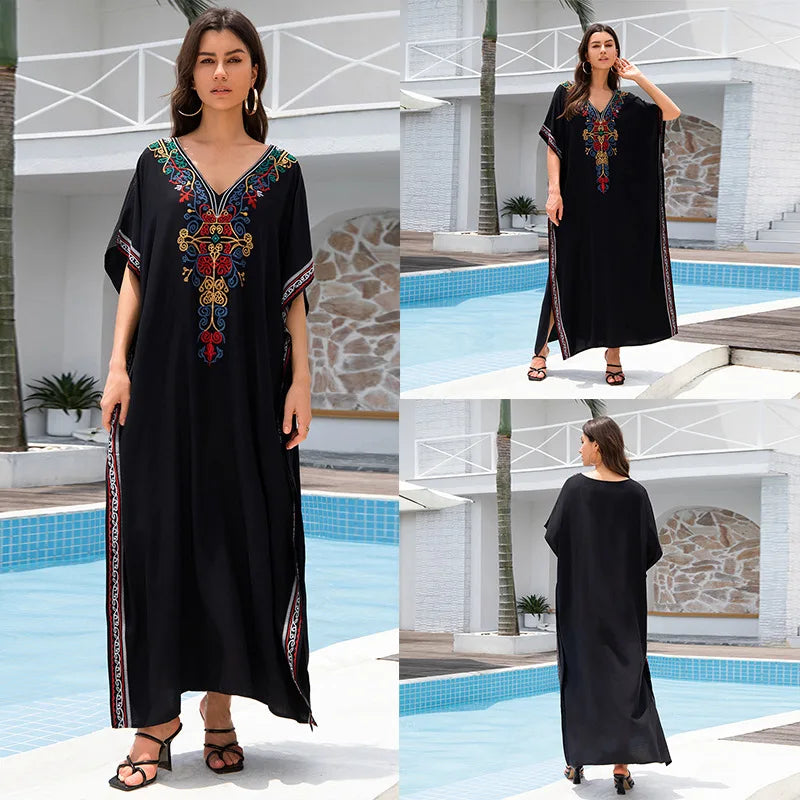 New Fashion European And American Cotton Embroidery Plus Size Long Dress Women's Beach Sun Protection Clothing Bikini Outerwear