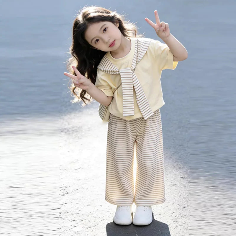 Summer Girls Sets Children Short-sleeved Suit Kids T-shirt With Stripes Shawls+Wide-leg Pants 2Pcs Outfits Teen Casual Clothes