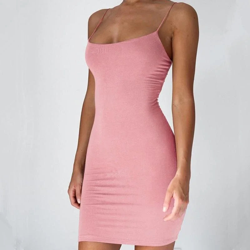 Summer Spaghetti Strap Mini Bodycon Dress Women Club Party Sundress Solid Black