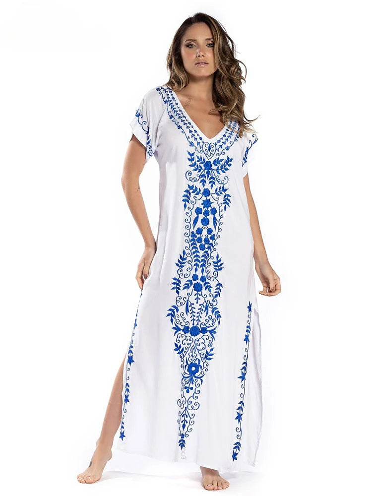 Embroidery Robe V-neck Batwing Sleeve Beach Maxi Dress Plus Size Loose Side Slit Summer Women Kaftans Dress Beachwear Q790