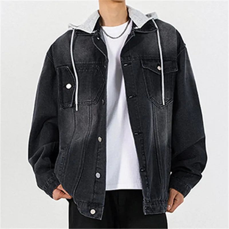 Spring Autumn Men's Loose Streetwear Hooded Denim Jacket Fashion Casual Turn Down Collar Jean Outerwear Hat Detachable Coat Man