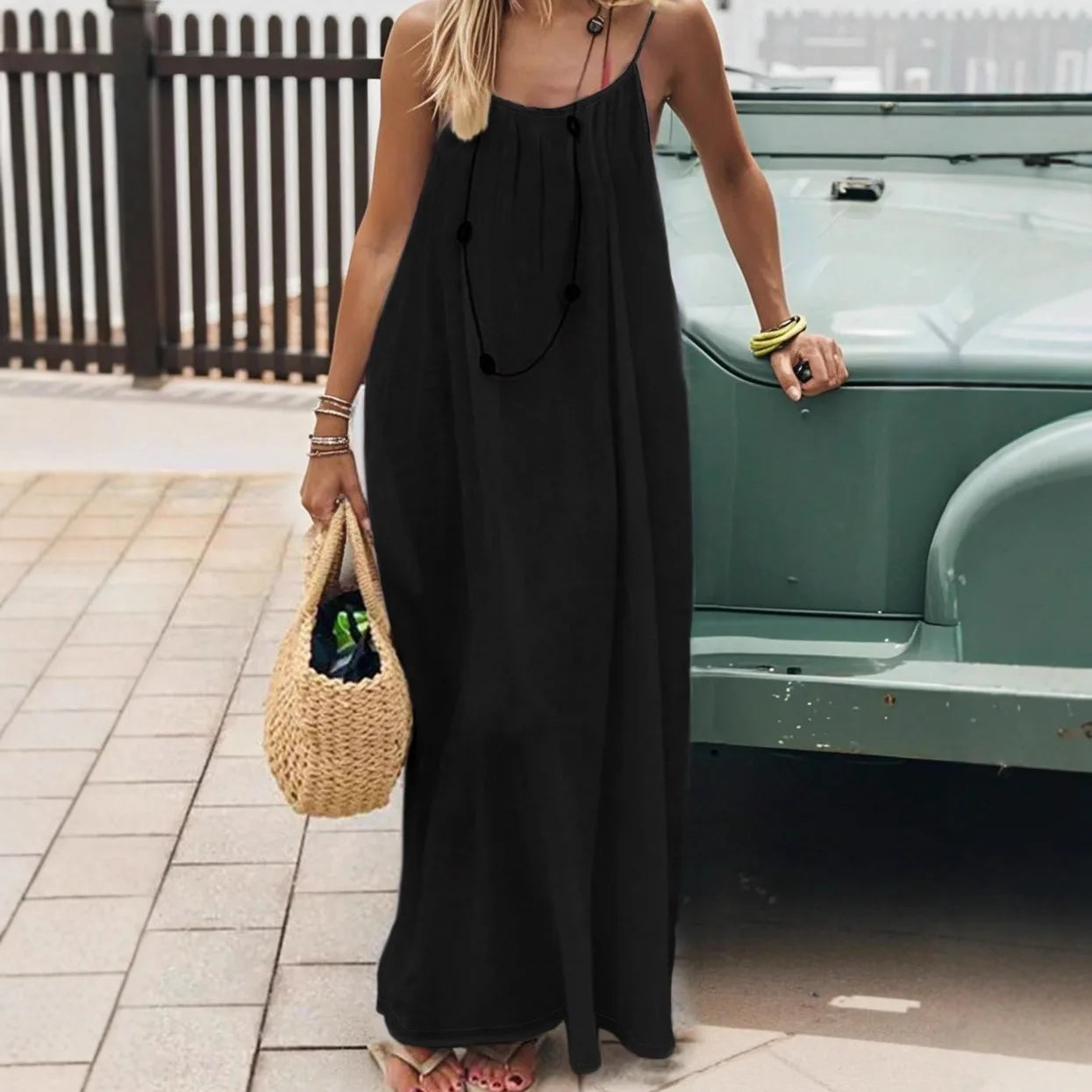 Ladies Sleeveless Strap H-Line Long Gown Loose Comfortable Polyester Casual Nightwear Home Clothing