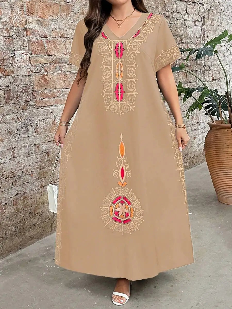 Boho Embroidered Maxi Dress V Neck Short Sleeve Loose Casual Summer Dress