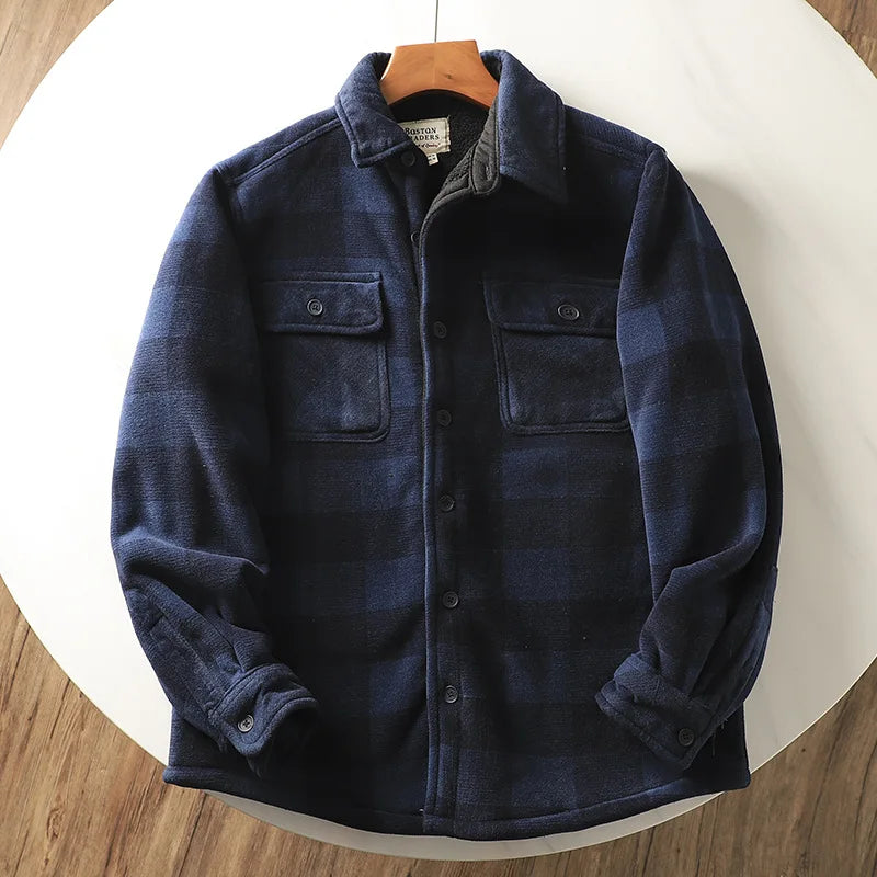 Autumn Winter Men's Fleece Linend Warm Shirt Jackets Thickened Long Sleeve Flannel Checked Shirts Vintage Casual Men Shirt Coats