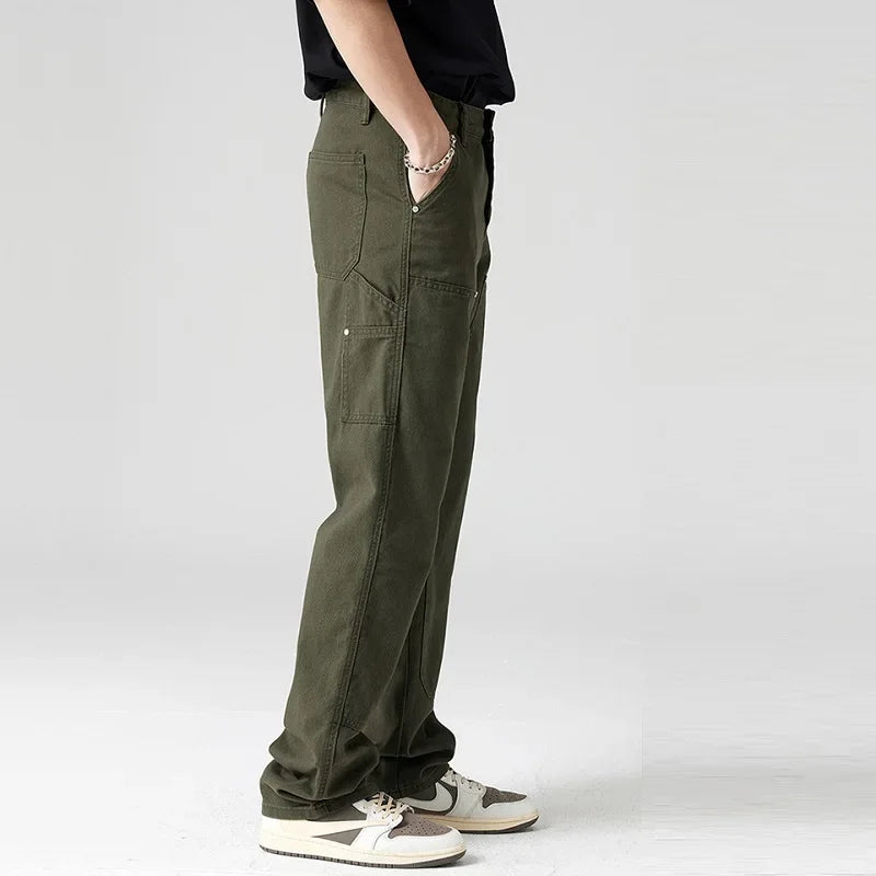 Men Pant Casual Straight Wide Leg Cargo Trouser Male Winter Fleece Lined Warm Cotton Loose Style Carpenter Streetwear
