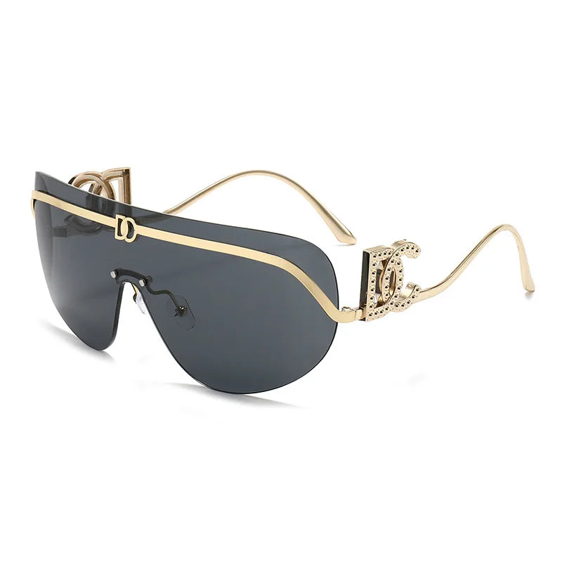 2026 Luxury Women Rimless Shield Aviator Sunglasses Gold Metal Frame Letter Accent Shades UV400 Eyewear for Women Lentes De Sol