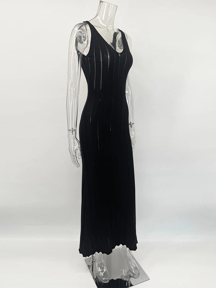 Trendix Knit Backless Maxi Dress For Women V Neck Sleeveless Beach Vacation