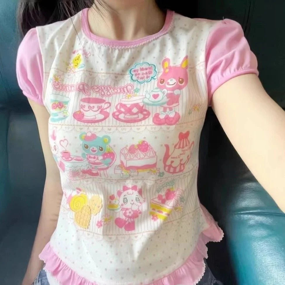 Cute Summer Cartoon Short Sleeve Lace T-Shirt Little Girl's Sweet Heart Soft Comfortable round Neck Top Trendy Commute Style