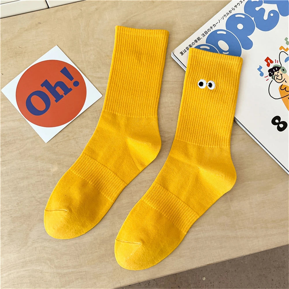 New Women's Embroidered Big Eyes Mid-Tube Socks Ins Trendy Colorful Cartoon Cute Soft Cotton Sports Sokken Dropship