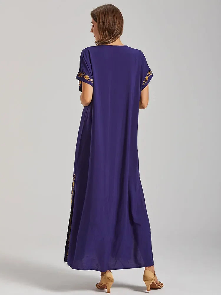 Embroidery Robe V-neck Batwing Sleeve Beach Maxi Dress Plus Size Loose Side Slit Summer Women Kaftans Dress Beachwear Q790