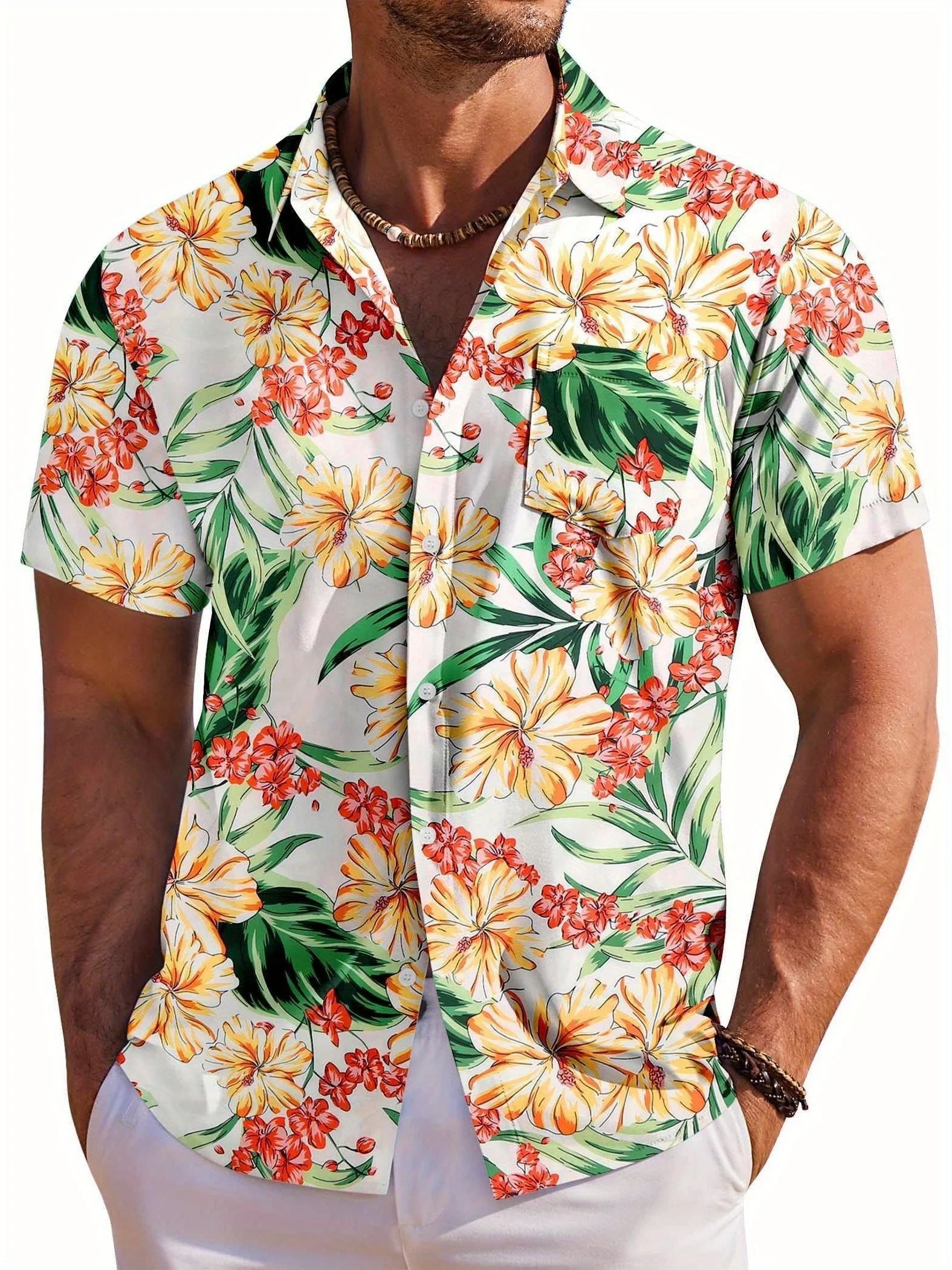Men's Short Sleeve Shirt Hawaiian Botanical Flower Print Lapel Seaside Button-Down Shirt Top Casual Fashionable Shirts