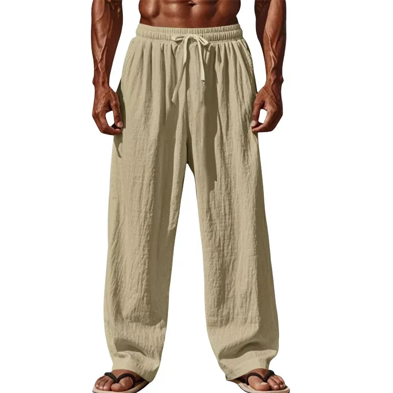 2026 Newest Linen Pants Men Summer Casual Breathable Solid Color Elastic Waist Loose Fit Wide Leg Trousers Lightweight Streetwea