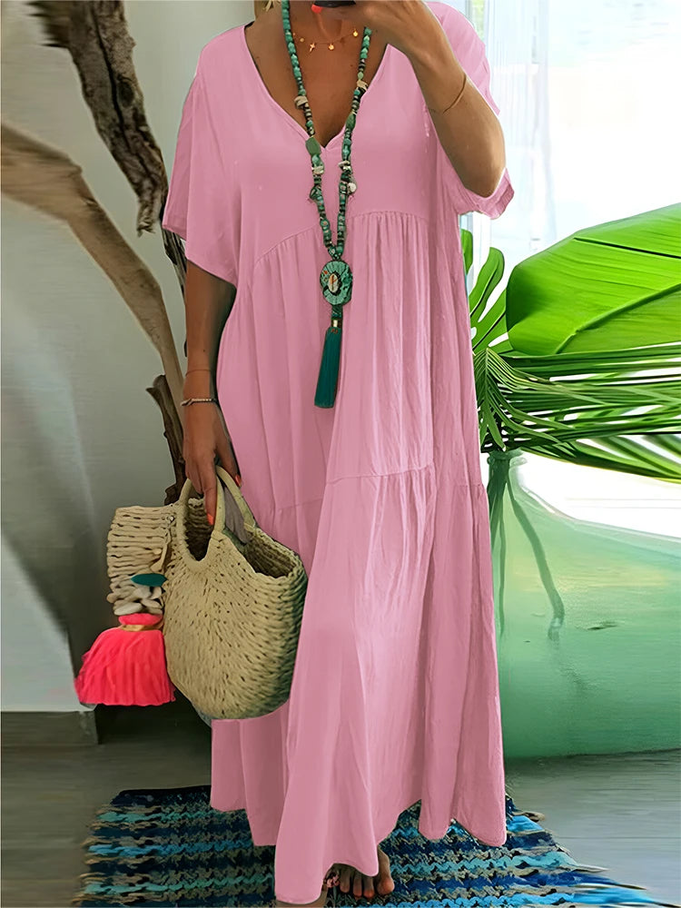 Plus Size Women's V Neck Pleated Solid Ankle Length Dress For Spring Summer