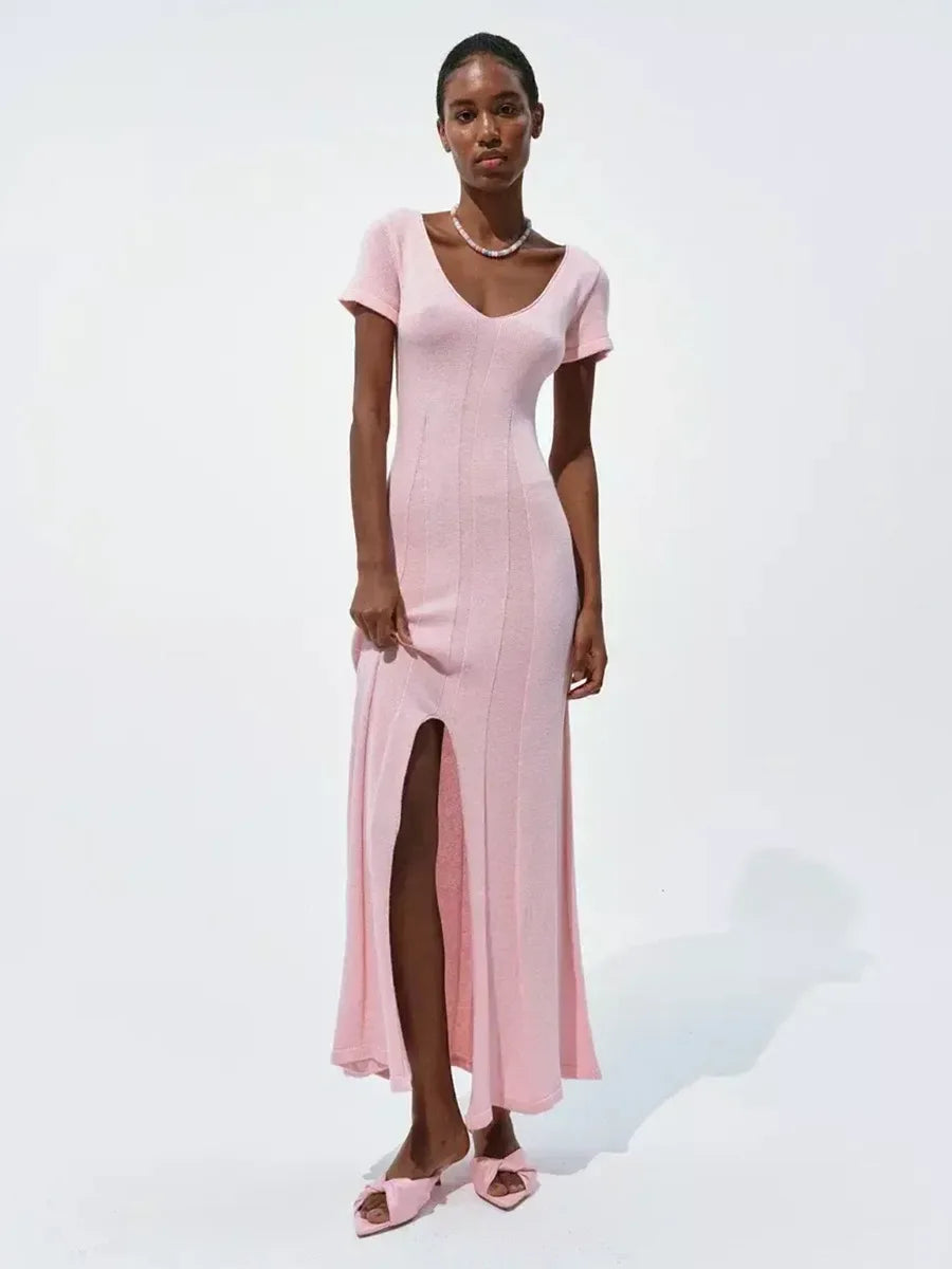 Ribbed Knit Maxi Dress for Women Deep V Neck High Slit Patchwork Party Dress