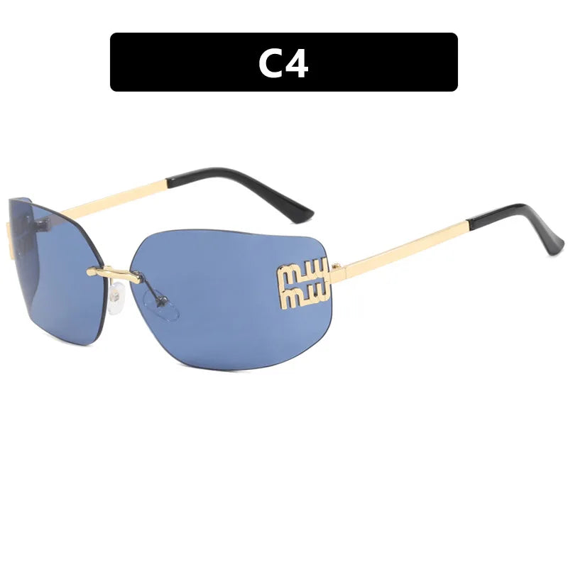 NEW Classic Sun Glasses Female Funky Metal Luxury Rimless Sunglasses Women BrandDesigner Rivets Rectangle Gradient Curved Shades