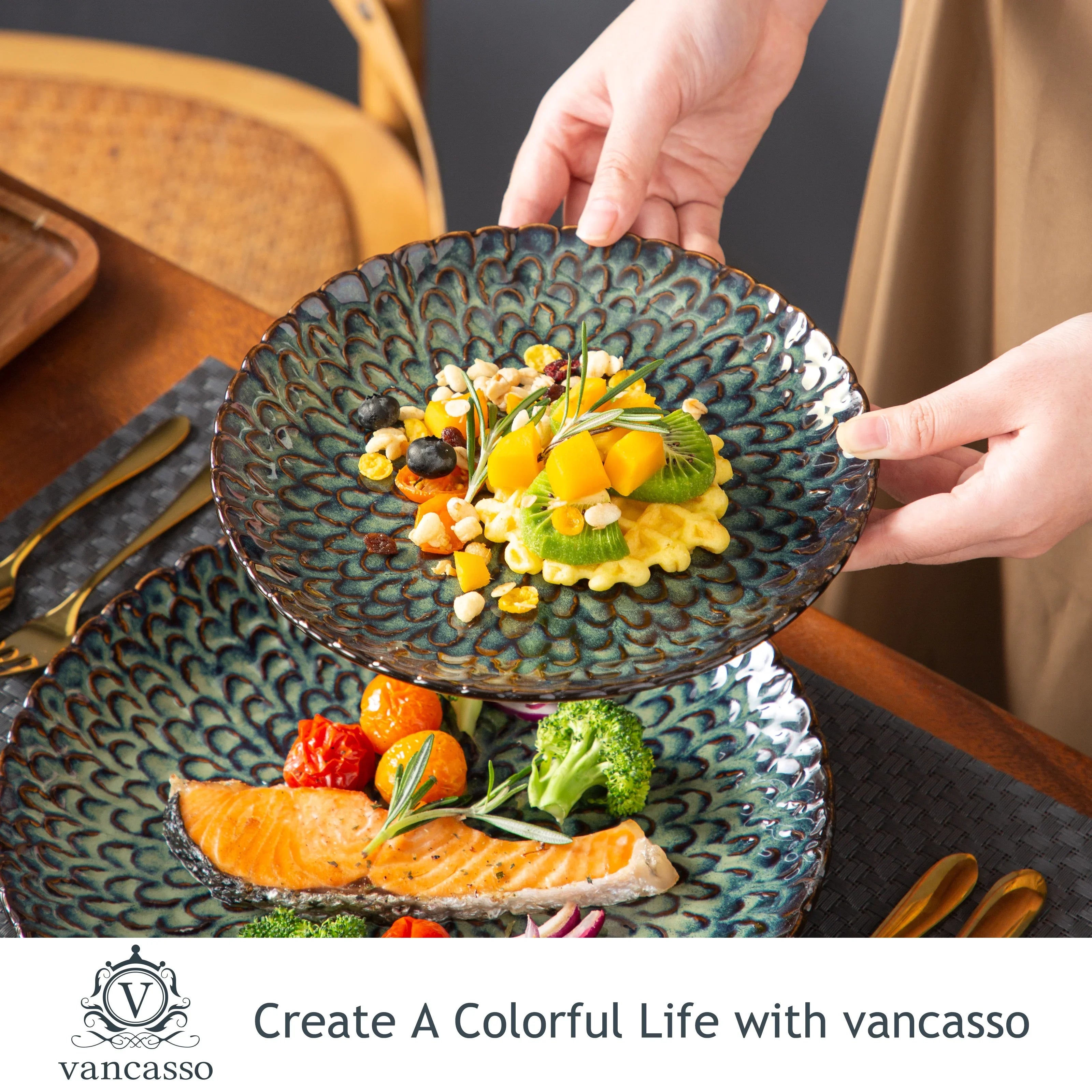 vancasso Green Dinnerware Ceramic12/24 Piece Stoneware Dinnerware Chrys Textured Ceramic Combination Set Service for 6/12 Person