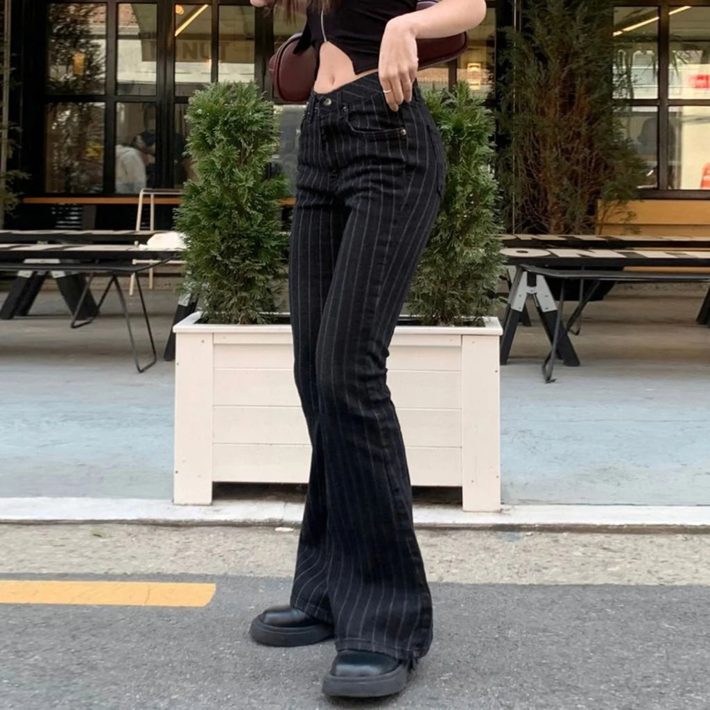2000s Clothes Y2k Low Rise Boot Cut Jeans Woman Casual Black Striped Denim Trousers Streetwear Flare Pants P77-DD25