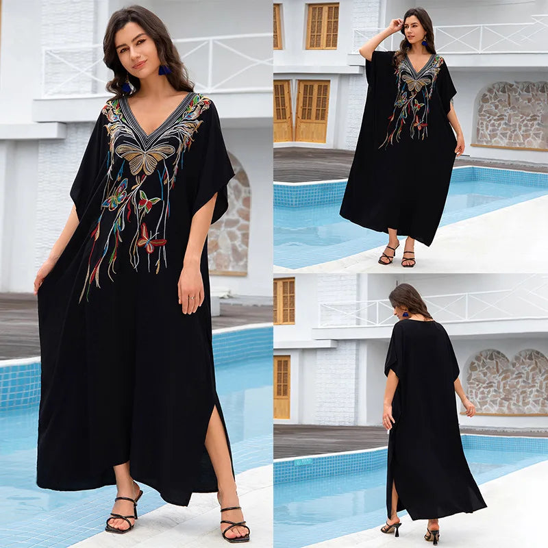 New Fashion European And American Cotton Embroidery Plus Size Long Dress Women's Beach Sun Protection Clothing Bikini Outerwear