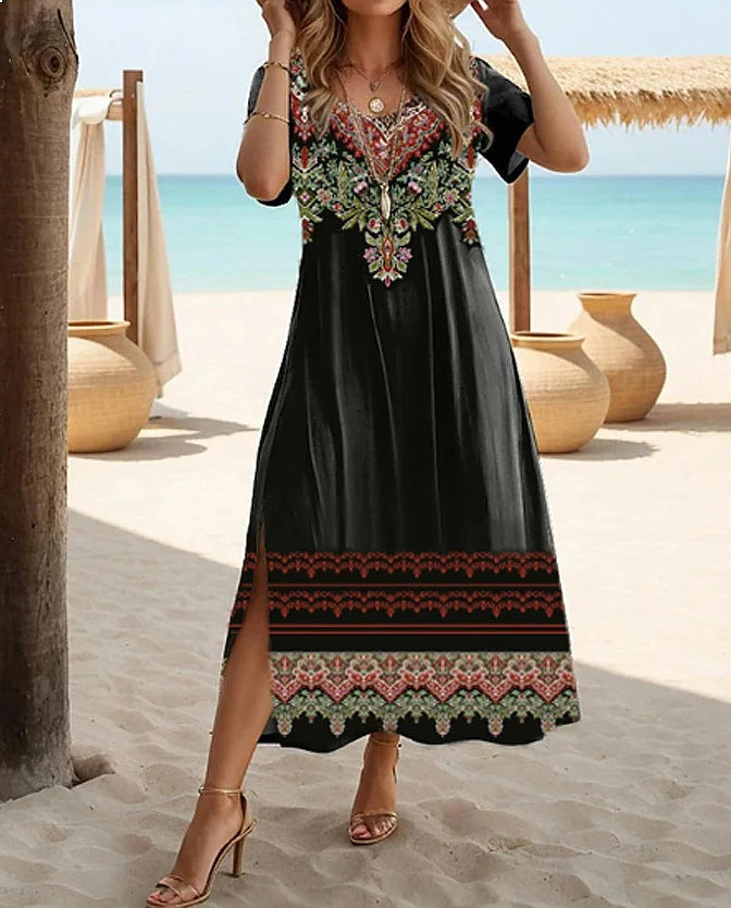 Ethnic Bohemian Floral Print Casual Vacation Short Sleeve Plus Size Summer Dress